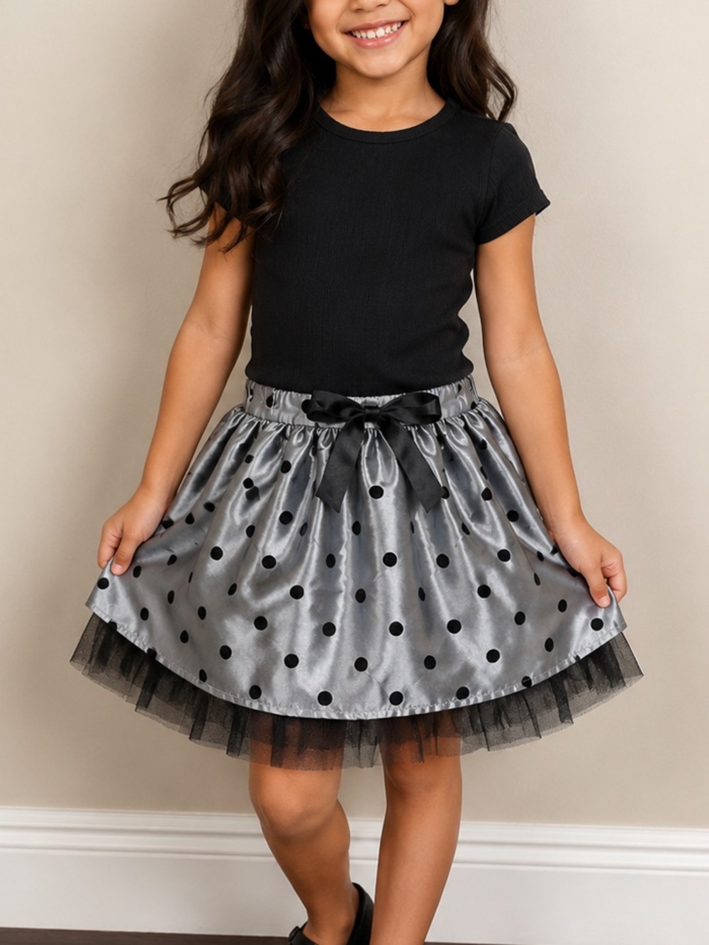 George Silver Satin Skirt with Black Polka Dots and Bow